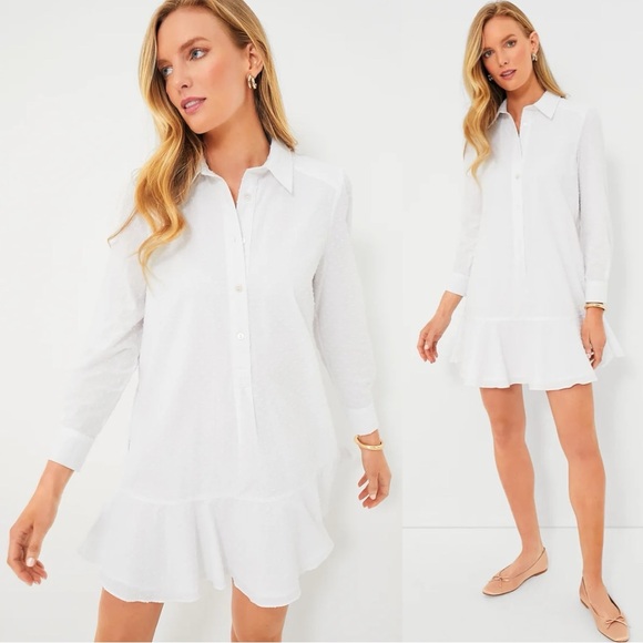 Tuckernuck Callahan Shirt Dress White Swiss Dot Ruffle Pockets - Size XS - NWT